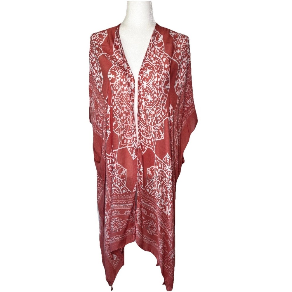 Breezy Lane Boho Terracotta Tassel Trim Mandala Kimono Festival Beach Cover Up